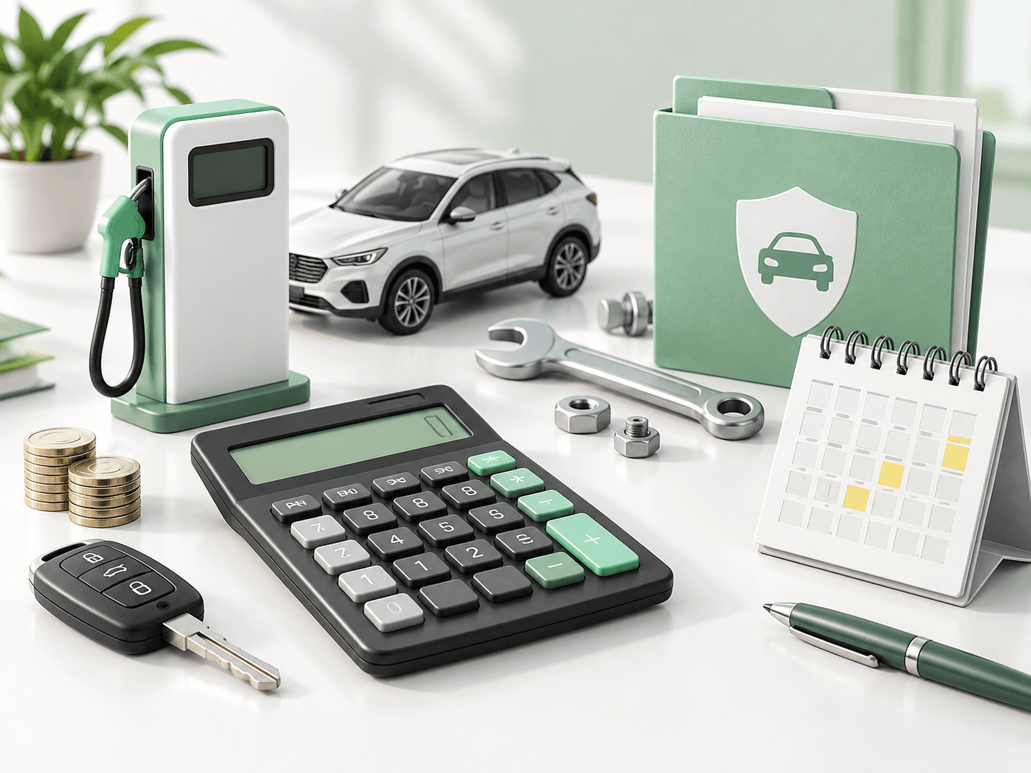 Calculadora, llave y elementos que representan los costos de tener un auto