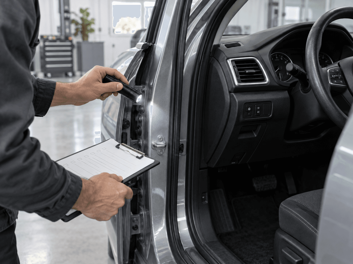 Persona inspeccionando la puerta y el tablero de un auto usado